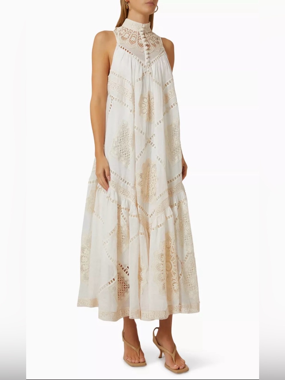 Zimmermann Ivory Maxi Dress with Beige Crochet Insets